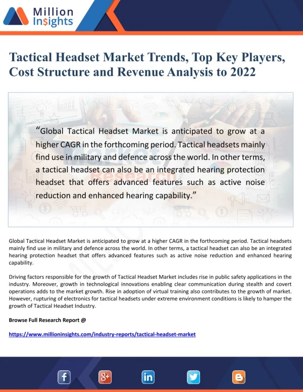 Tactical Headset Market Trends, Top Key Players, Cost Structure and Revenue Analysis to 2022