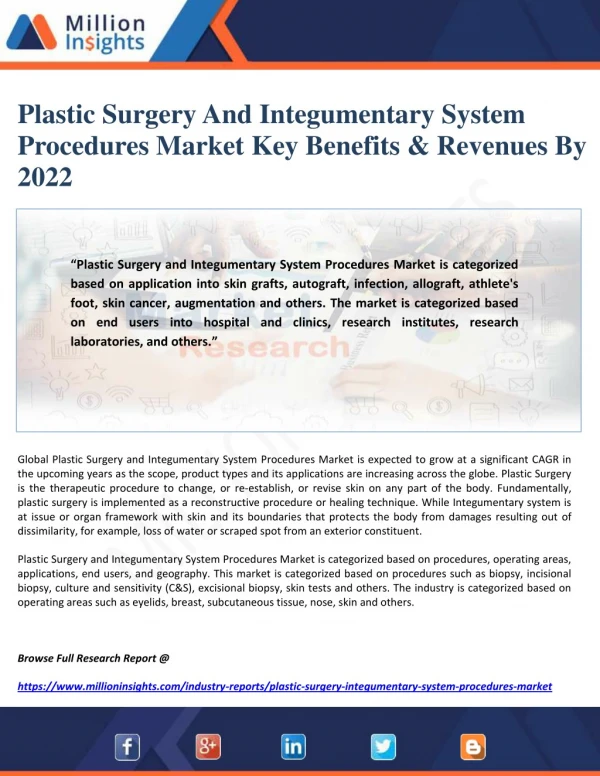 Plastic Surgery And Integumentary System Procedures Market Key Benefits & Revenues By 2022