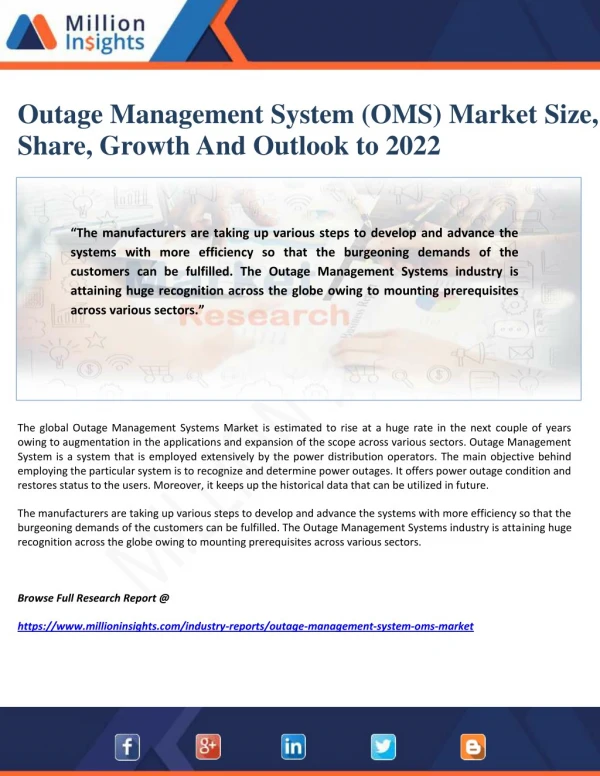 Outage Management System (OMS) Market Size, Share, Growth And Outlook to 2022