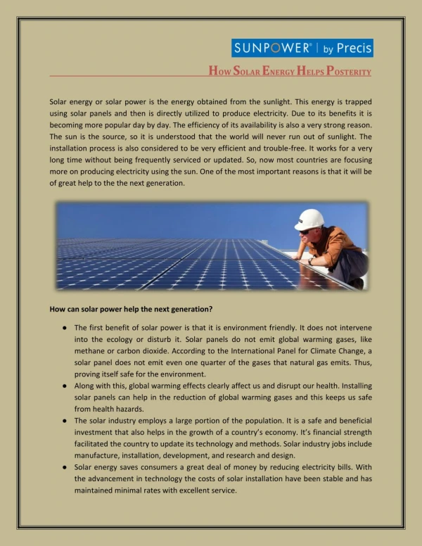 How Solar Energy Helps Posterity - SunPower by Precis