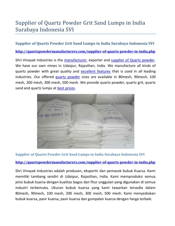 Supplier of Quartz Powder Grit Sand Lumps in India Surabaya Indonesia SVI