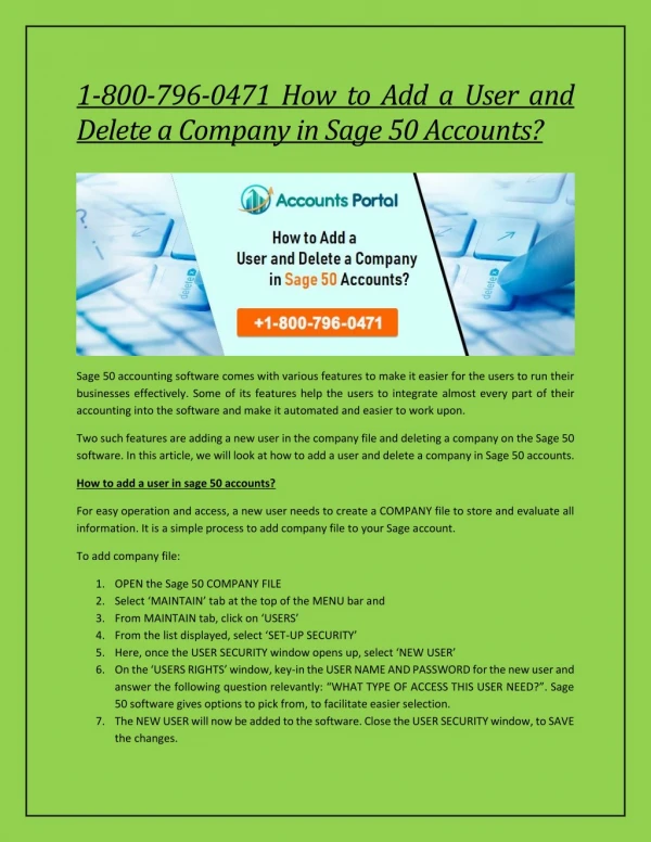 1-800-796-0471 How to Add a User and Delete a Company in Sage 50 Accounts?