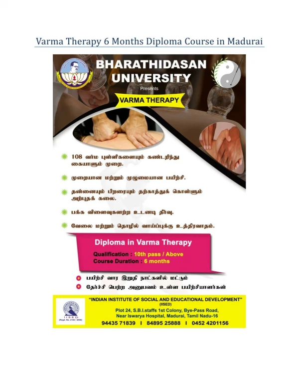Varma Therapy 6 Months Diploma Course in Madurai