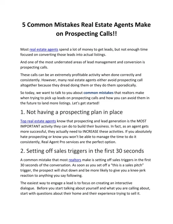 5 Common Mistakes Real Estate Agents Make on Prospecting Calls!!
