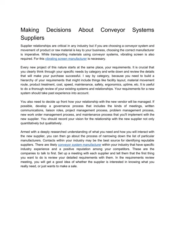 Making Decisions About Conveyor Systems Suppliers