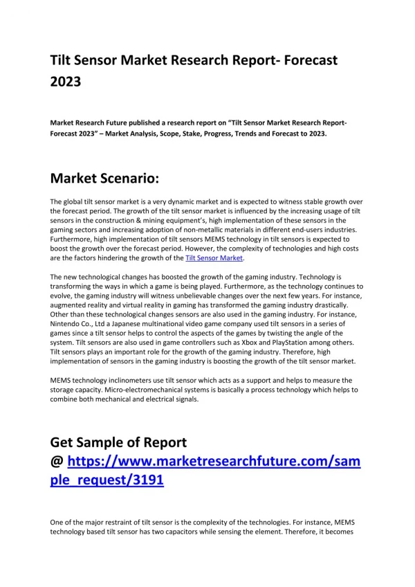 Tilt Sensor Market 2018 : Top Manufactures, Industry Set For Rapid Growth and Trend by 2023