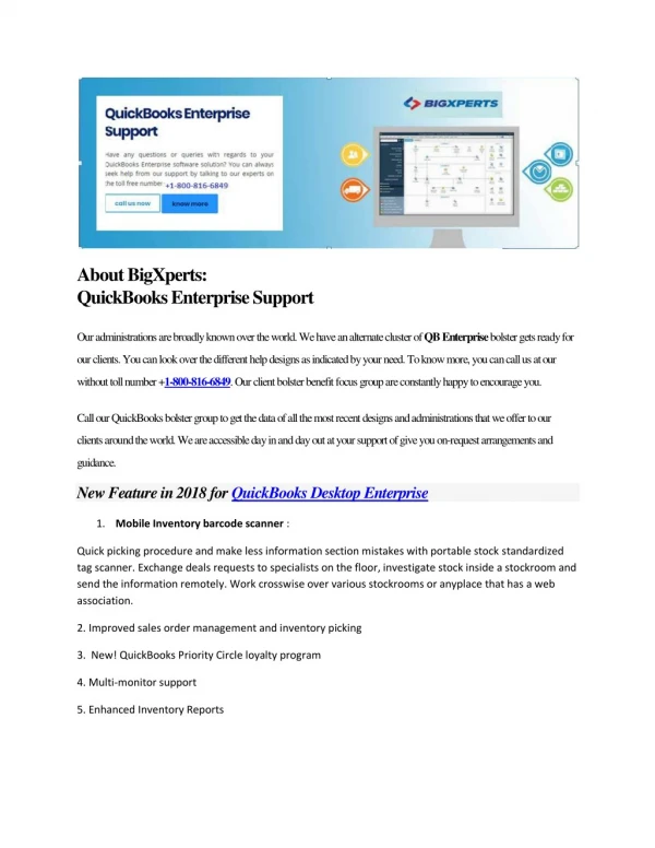 QuickBooks enterprise 2018 support