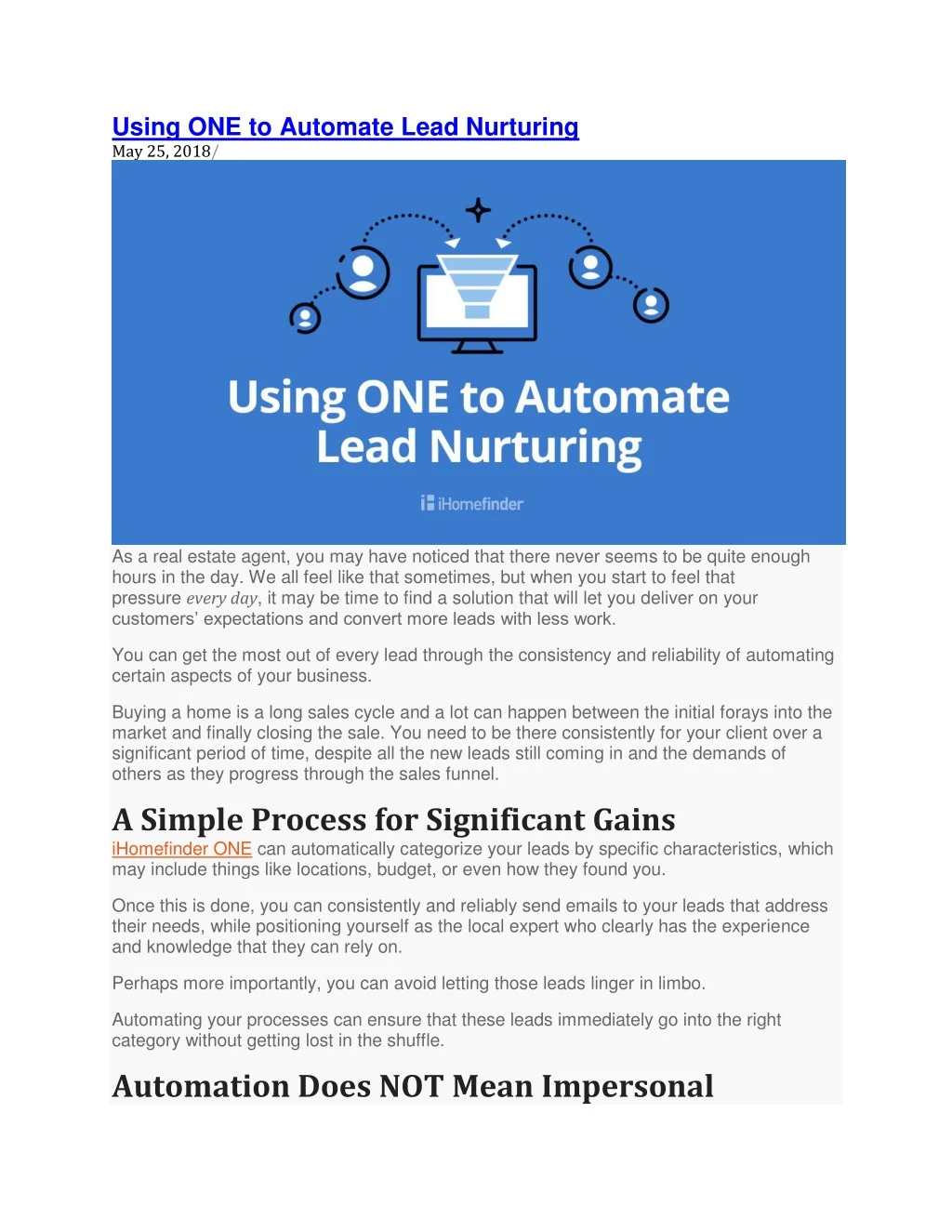 using one to automate lead nurturing may 25 2018