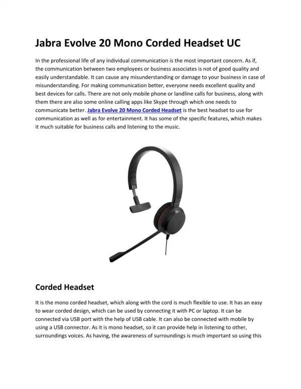 Jabra Evolve 20 Mono Corded Headset - Go Headsets