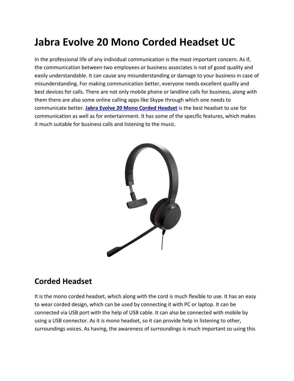 jabra evolve 20 mono corded headset uc