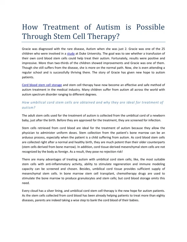 How Treatment of Autism is Possible Through Stem Cell Therapy?