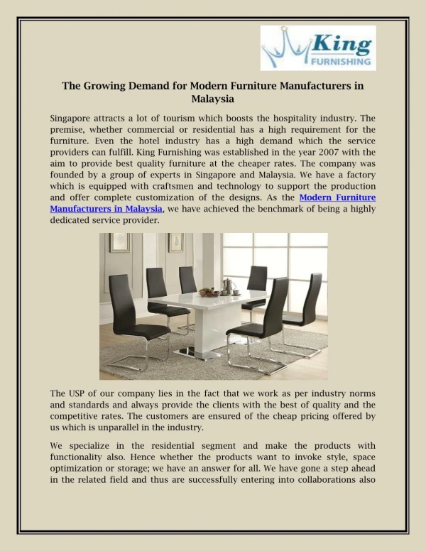 The Growing Demand for Modern Furniture Manufacturers in Malaysia