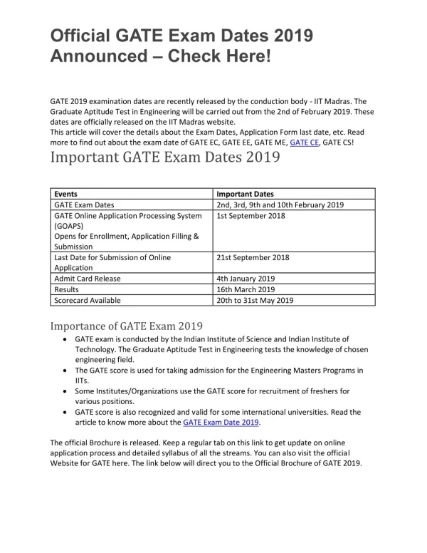 Official GATE Exam Dates 2019 Announced â€“ Check Here!