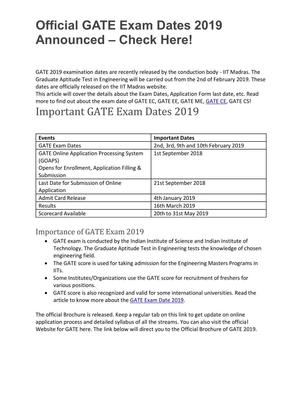official gate exam dates 2019 announced check