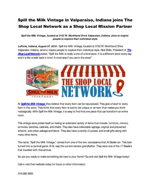 Spill the Milk Vintage in Valparaiso, Indiana joins The Shop Local Network as a Shop Local Mission Partner