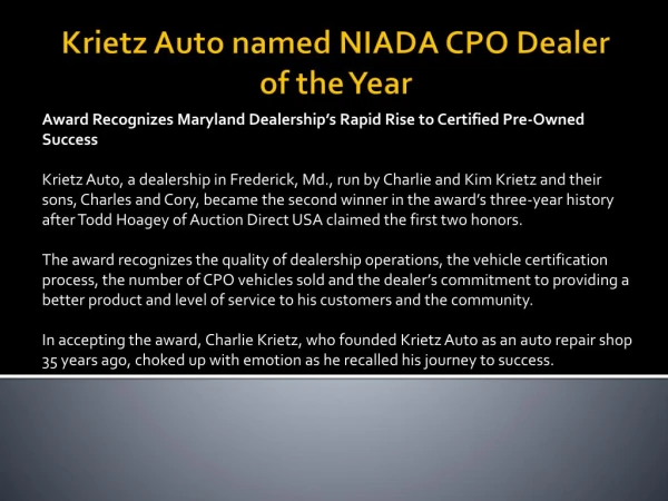 Krietz Auto named NIADA CPO Dealer of the Year