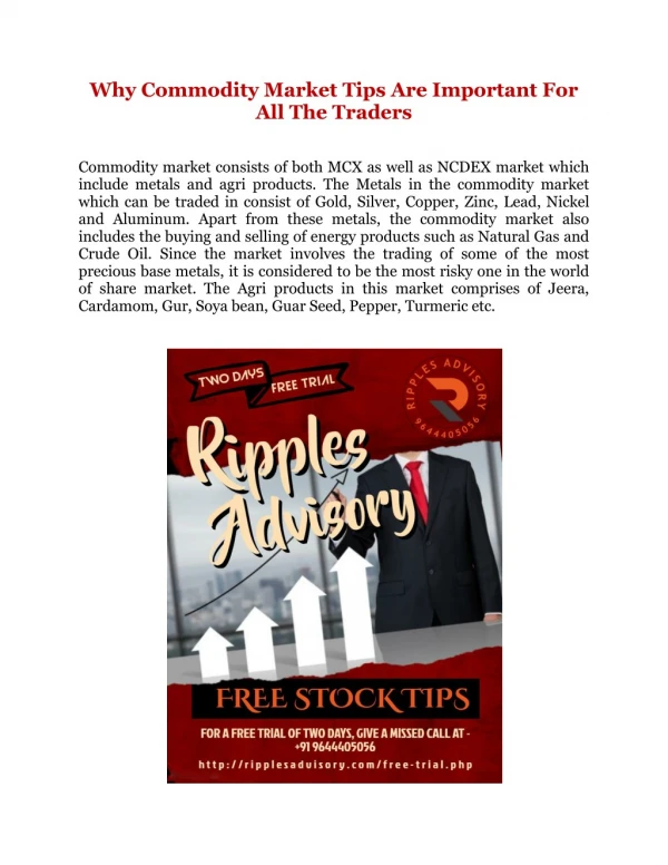 Ripples Advisory | Free Stock Cash Tips | Commodity Market Tips