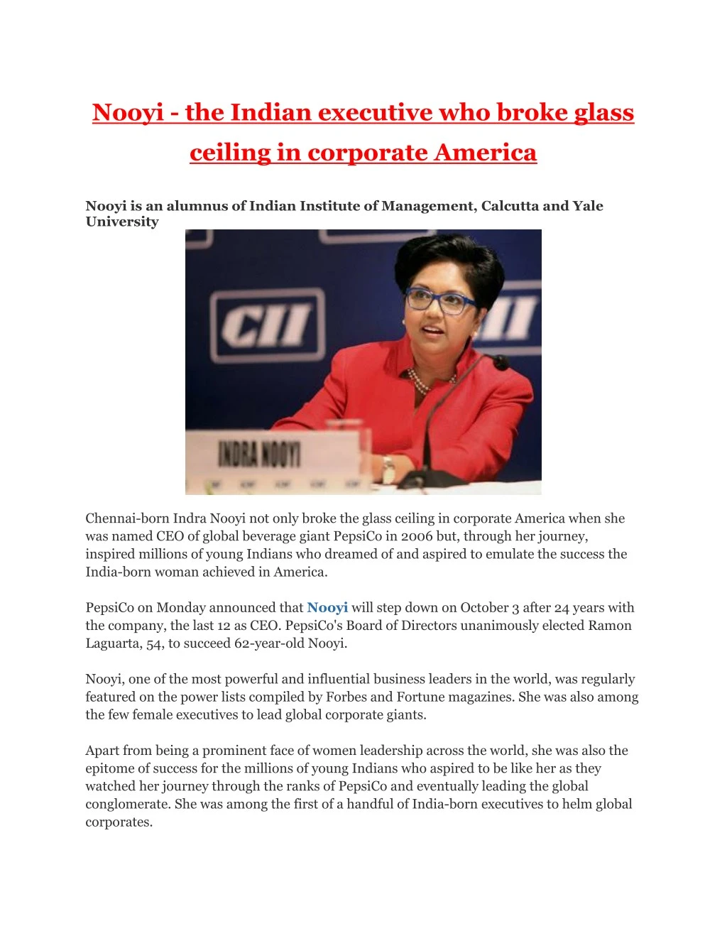 nooyi the indian executive who broke glass