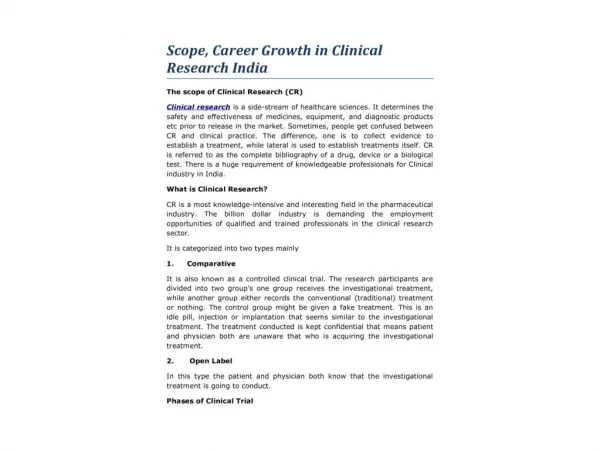 Scope, Career Growth in Clinical Research India