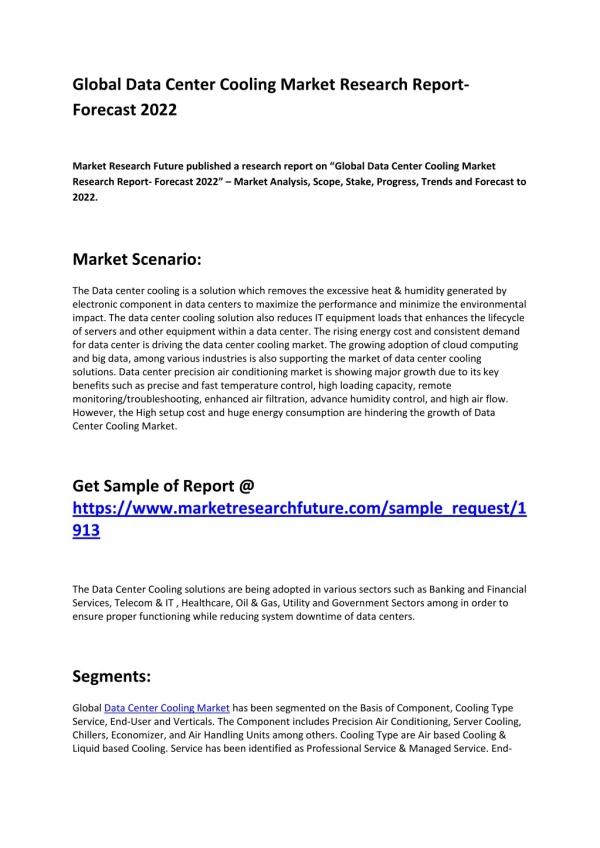 Data Center Cooling Market 2018 Growth Rate Research Report and Future Plans 2022