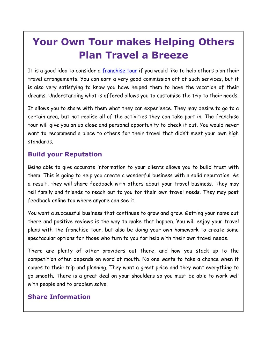 your own tour makes helping others plan travel