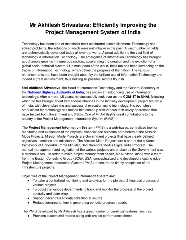 Mr Akhilesh Srivastava: Efficiently Improving the Project Management