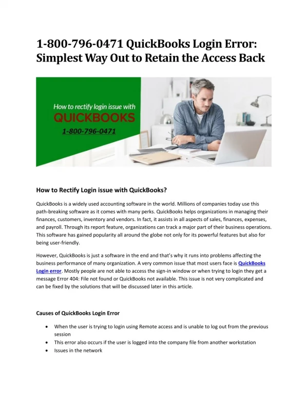 1-800-796-0471 QuickBooks Login Error: Simplest Way Out to Retain the Access Back
