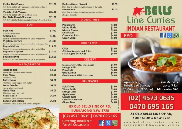 Indian restaurant menu | Bells Line Curries