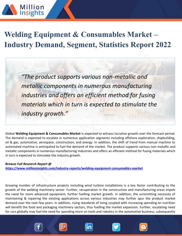 Welding Equipment & Consumables Market Research Report with Growth, Latest Trends & Forecasts till 2022