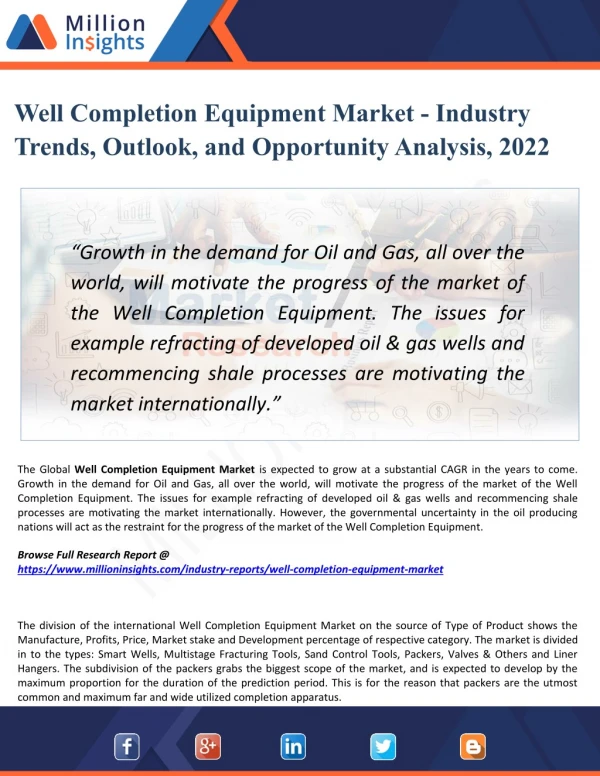 Well Completion Equipment Market Analysis, Manufacturing Cost Structure, Growth Opportunities and Restraint 2022