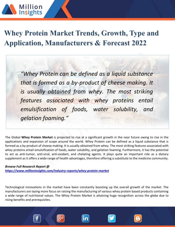 Whey Protein Market Growth Rate, Key players, Region, Suppliers, Types & Applications to 2022