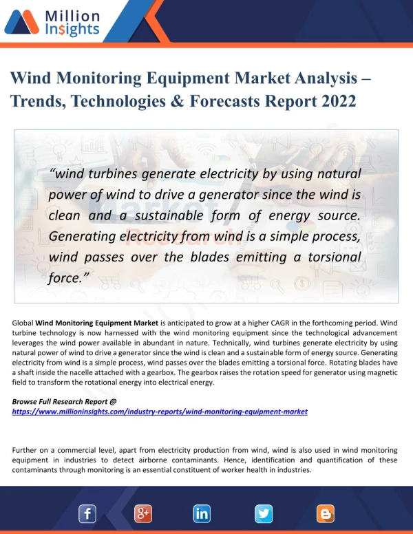Wind Monitoring Equipment Market - Industry Analysis, Size, Share, Growth, Trends, and Forecasts 2022