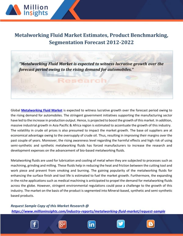 Metalworking Fluid Market Estimates, Product Benchmarking, Segmentation Forecast 2012-2022