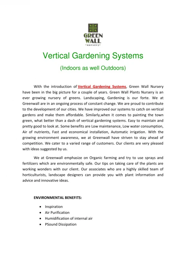 Vertical Gardening Systems (Indoors as well Outdoors)