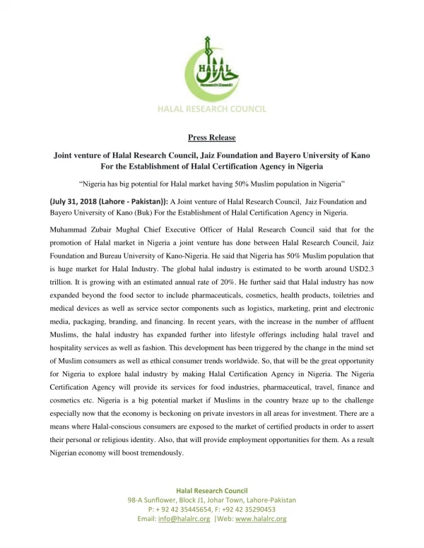 Press Release - Halal Certification