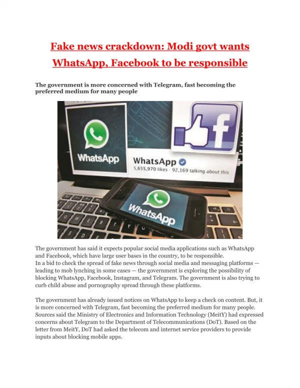 Fake news crackdown: Modi govt wants WhatsApp, Facebook to be responsible