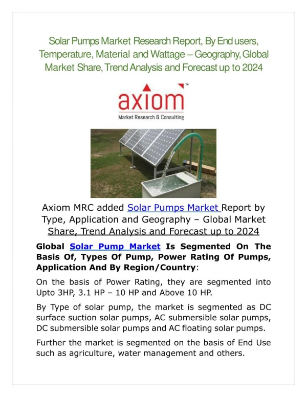Solar Pumps Market Growth Analysis and Future Demand with Forecast up to 2024