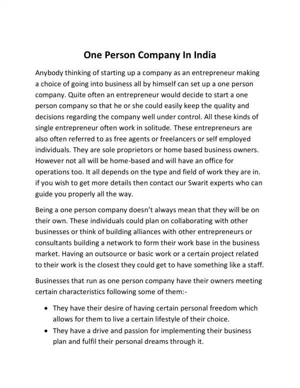 One Person Company In India