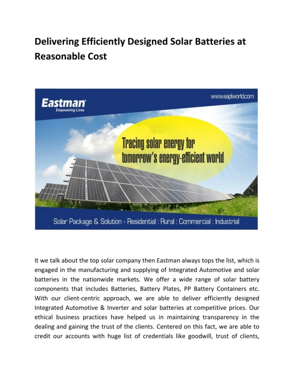 Delivering Efficiently Designed Solar Batteries At Reasonable Cost