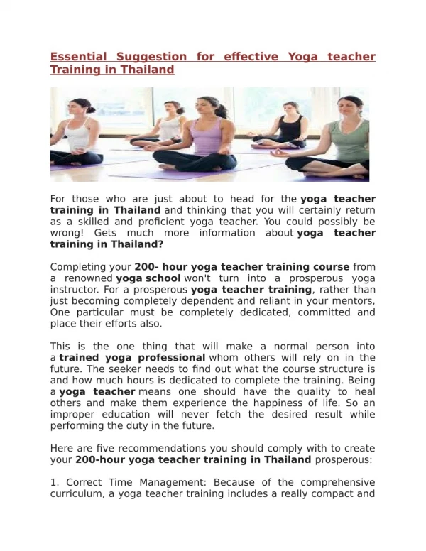 Essential Suggestion for effective Yoga teacher Training in Thailand