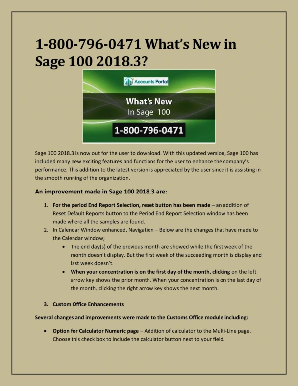 1-800-796-0471 What’s New in Sage 100 2018.3? Download & Upgrade To Sage