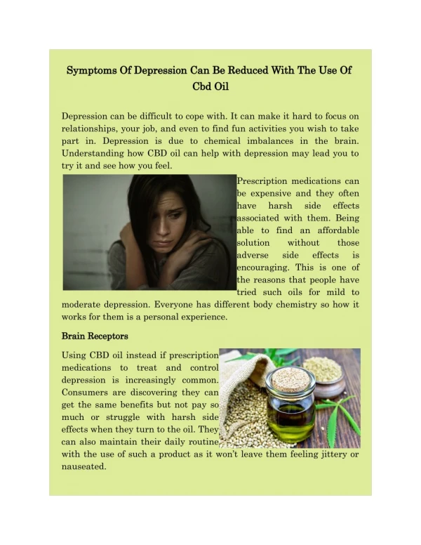 Symptoms Of Depression Can Be Reduced With The Use Of Cbd Oil