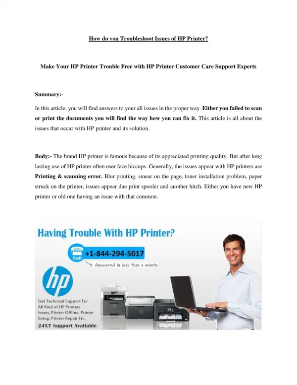 HPÂ PrinterÂ IsÂ NotÂ Working- Call at HP Printer 1-844-294-5017 Number