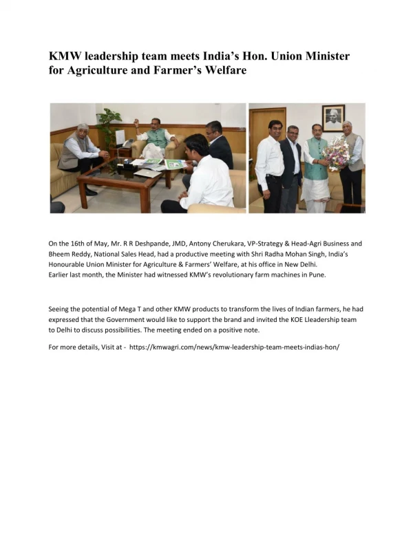 KMW leadership team meets India's Hon. Union Minister for Agriculture and Farmer's Welfare - KMW Agri