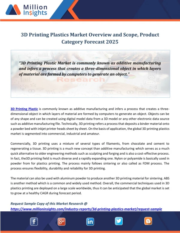 3D Printing Plastics Market Overview and Scope, Product Category Forecast 2025