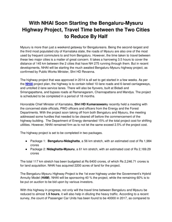 With NHAI Soon Starting the Bengaluru-Mysuru Highway Project, Travel Time between the Two Cities to Reduce By Half