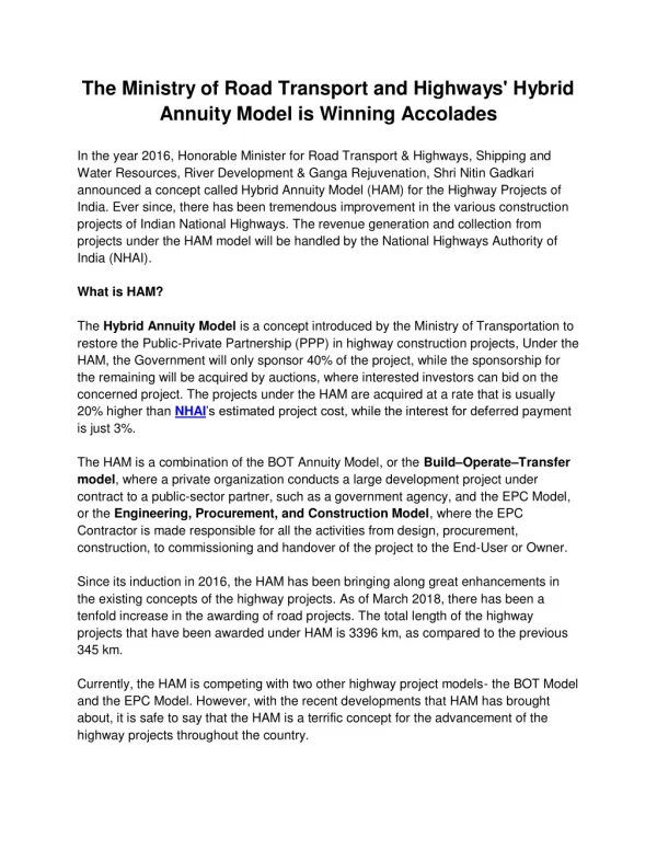 The Ministry of Road Transport and Highways' Hybrid Annuity Model is Winning Accolades
