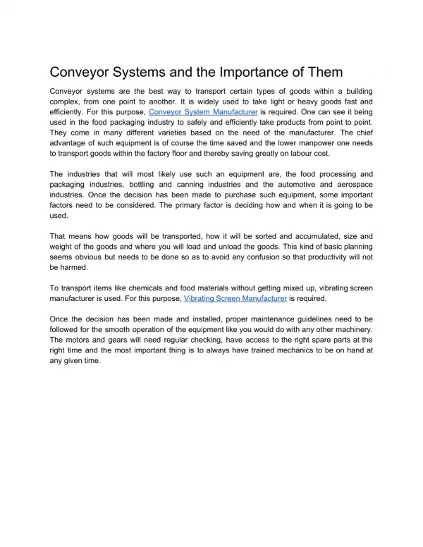 Conveyor Systems and the Importance of Them