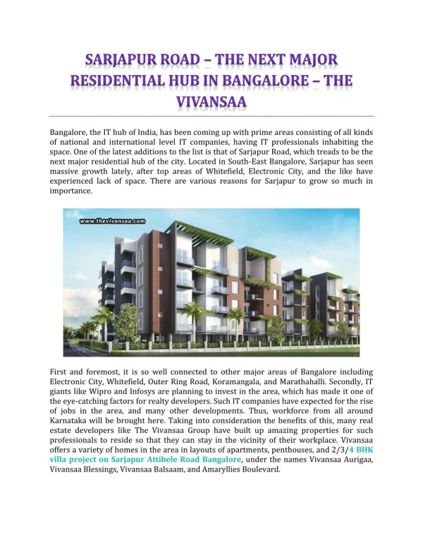 Sarjapur Road – The Next Major Residential Hub In Bangalore - The Vivansaa