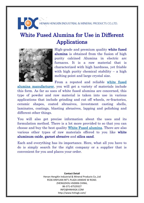 White Fused Alumina for Use in Different Applications